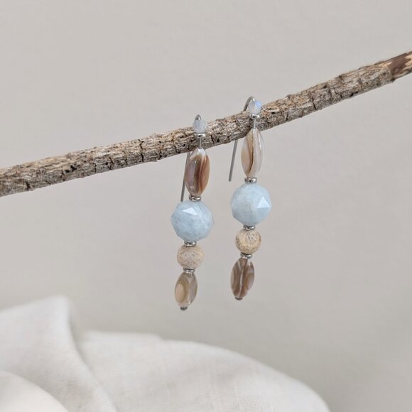 Coastal Aquamarine, Jasper and Shell Steel Hook Drop Earrings - Picture 4 of 8